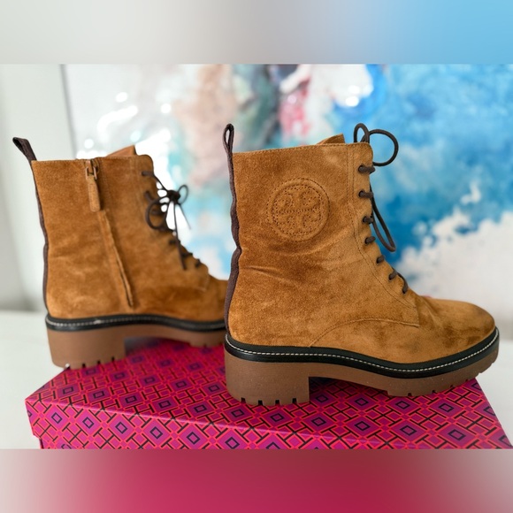 Tory Burch Miller 50MM Lug Sole Bootie Nat Suede/ Rhum-Port Women's Size 8.5 - Picture 7 of 12